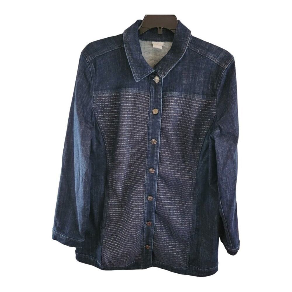 Chico's Denim Jacket Size Large 2 Embellished Lined Jean Dark Blue Wash Buttoned